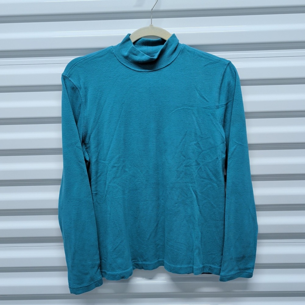 Studio‎ Works Petite PM Top Womens Teal Blue Cotton Mock Neck Long Sleeve Shirt